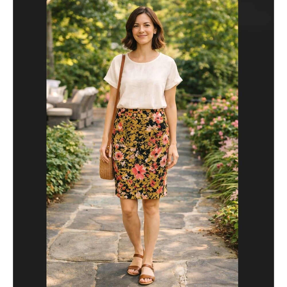 J.Jill Pencil Skirt Women 6P Petite Floral Abstract Cotton Stretch Side Zip EUC